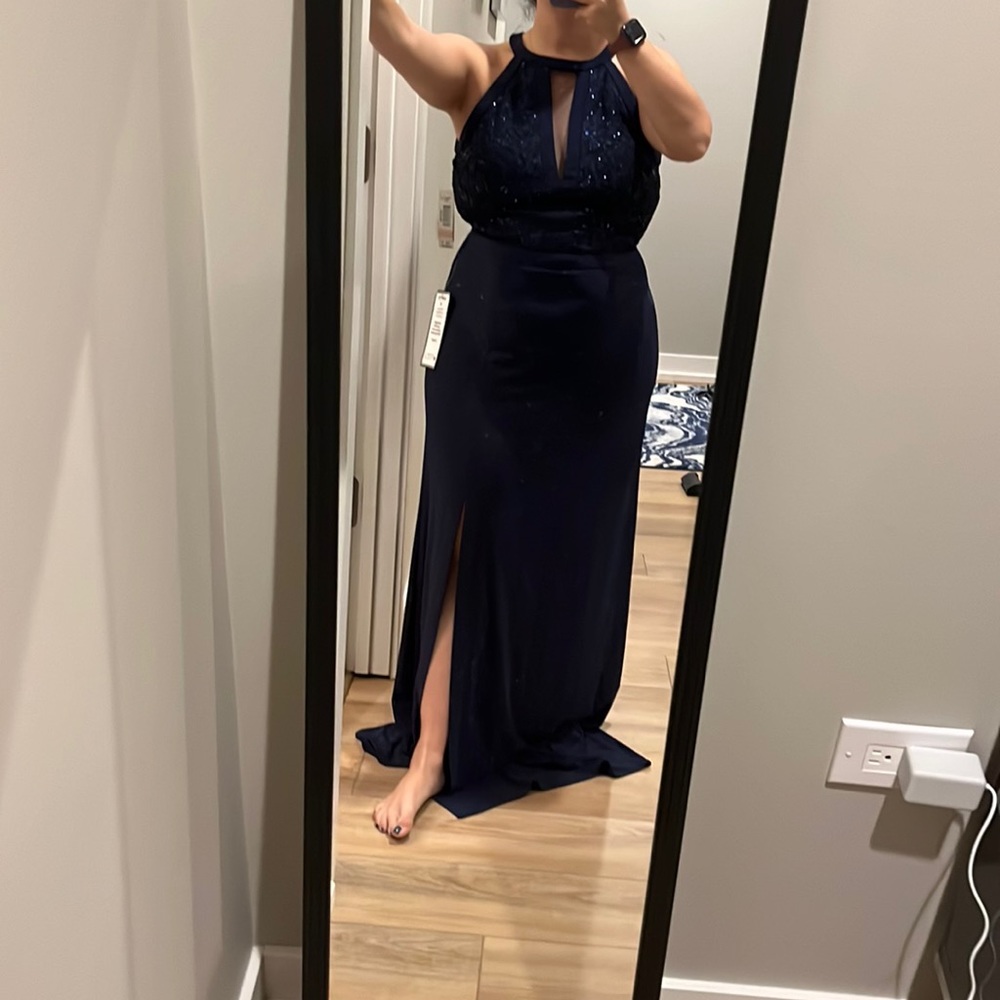 NWT Navy formal gown sequin lace dress slit